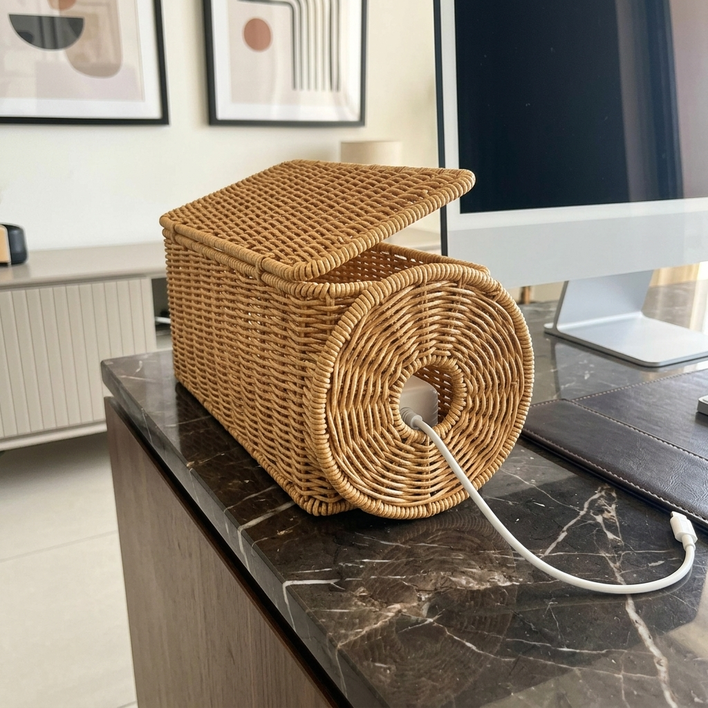 Round-end woven cable box on a corporate credenza concealing cables