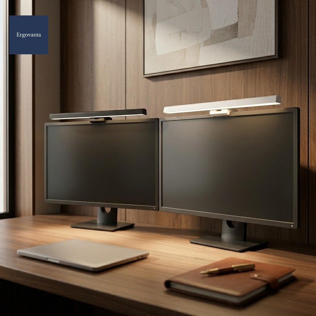 Slim Monitor Light Bar in Black and White on twin monitors over a walnut writing desk