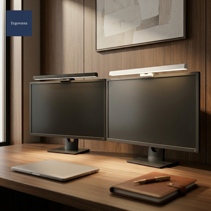 Slim Monitor Light Bar in Black and White on twin monitors over a walnut writing desk