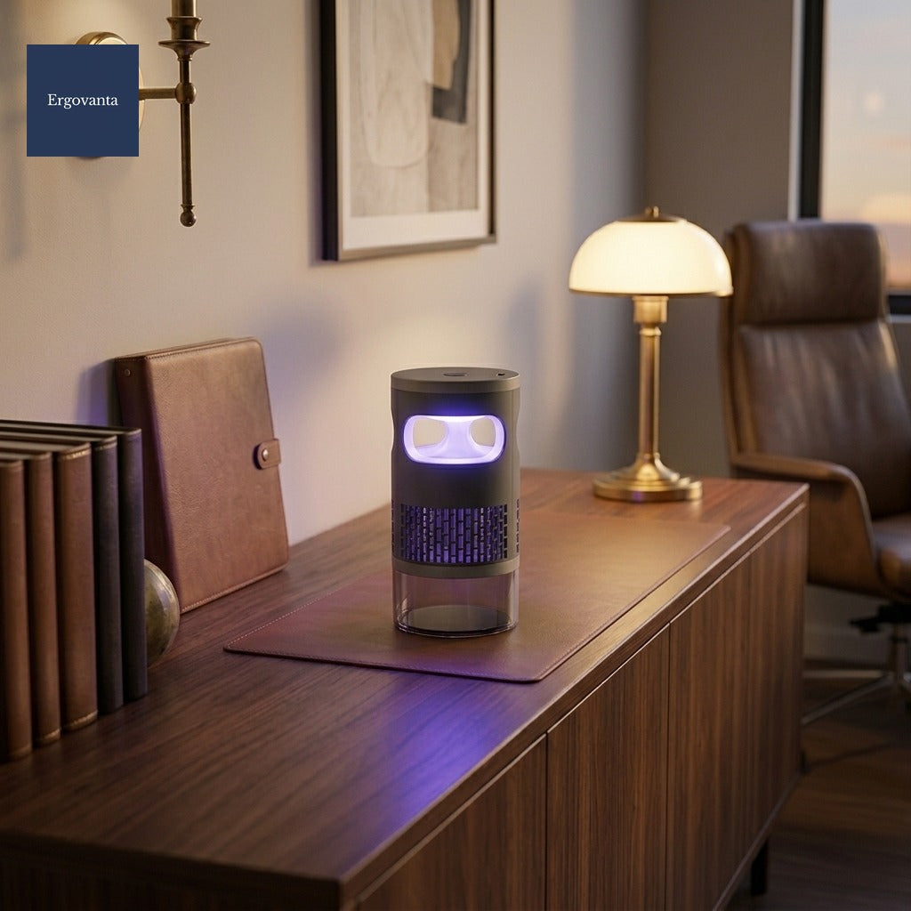 Executive Cordless Mosquito Lamp on a walnut credenza in an executive office during a warm summer evening