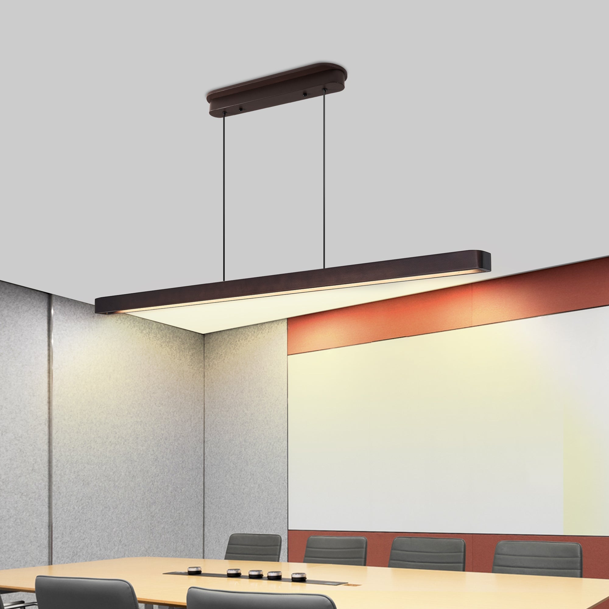 51-Inch Walnut LED Linear Pendant Light, styled hero shot 4