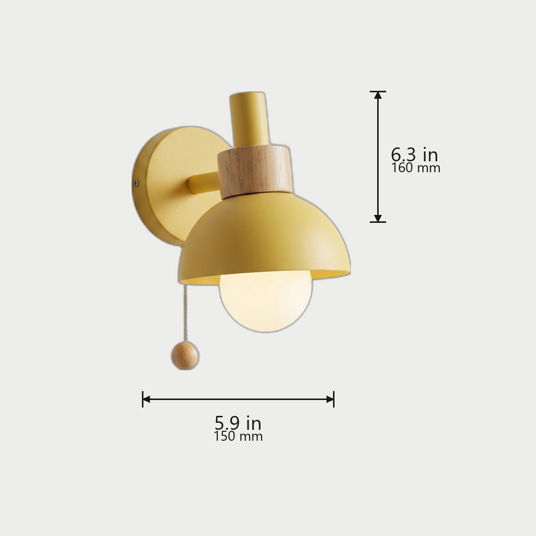 Nordic Wood Dome Wall Sconce dimensions in Yellow - 6.3 in / 160 mm tall, 5.9 in / 150 mm wide, 7.9 in / 200 mm deep