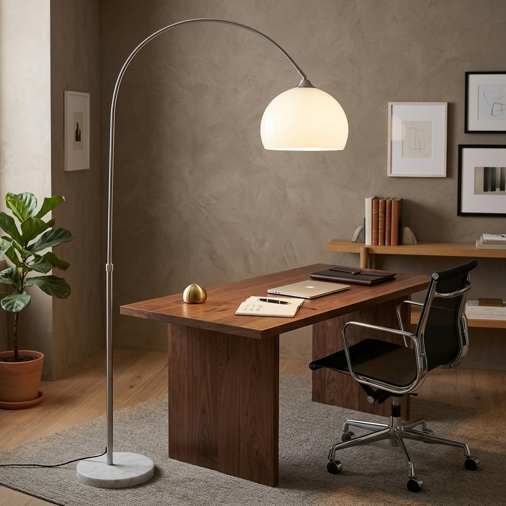 Arc Floor Light in white over a home office desk