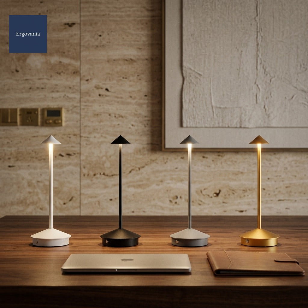 Modernist Aluminum Desk Lamp - all colors lined up on a walnut boardroom table