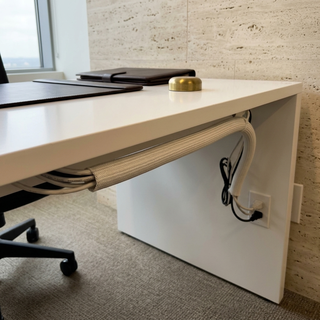 White woven cable sleeve corralling cables along a white-lacquer credenza desk in a corporate office