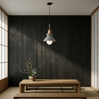 Compact Wood Pendant Light in speckled Stone Gray, in a Japandi room
