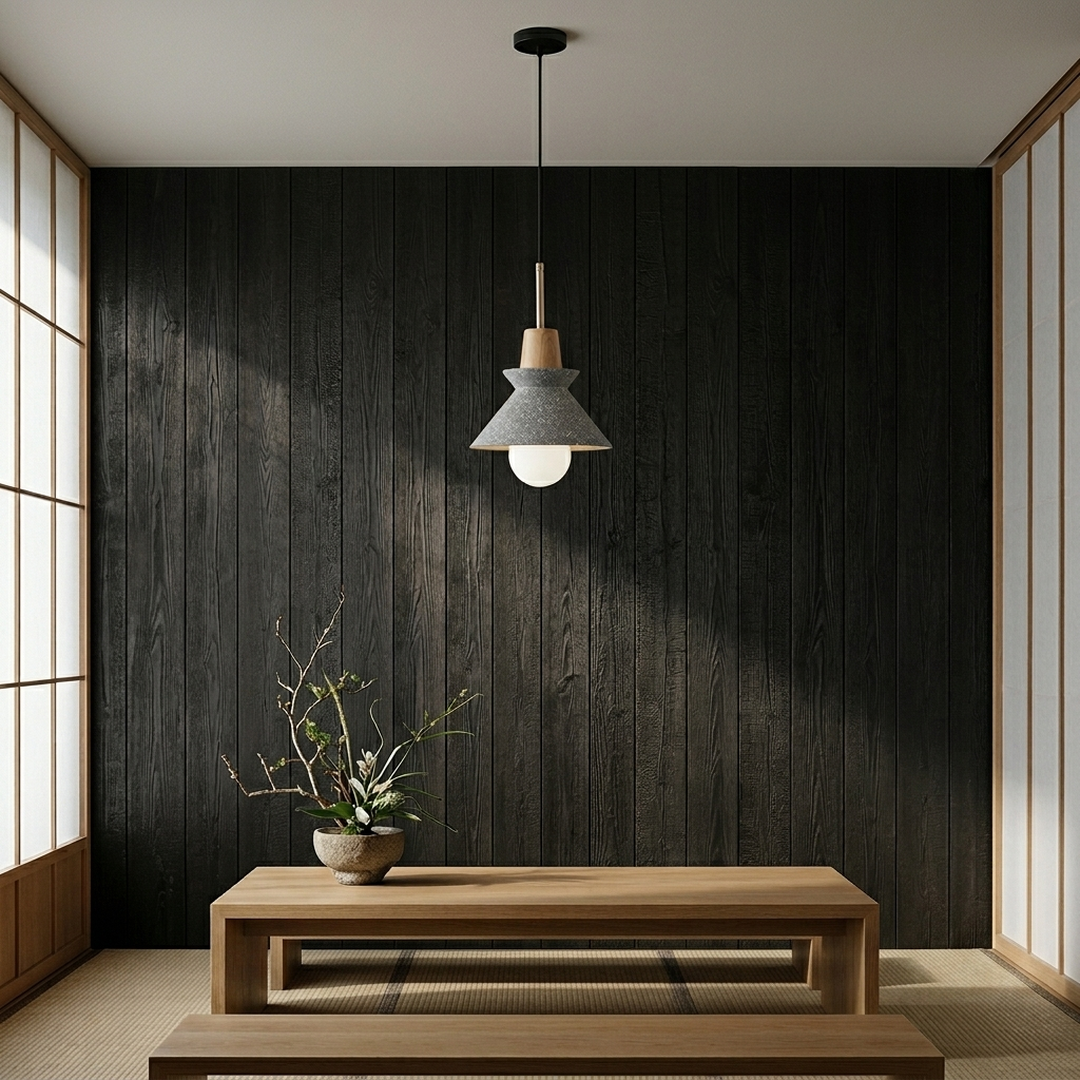 Compact Wood Pendant Light in speckled Stone Gray, in a Japandi room