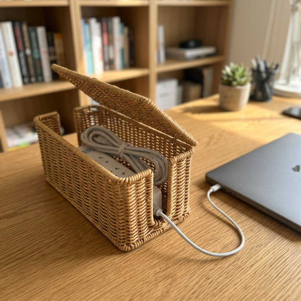Square End woven rattan-look cable box in a workspace setting