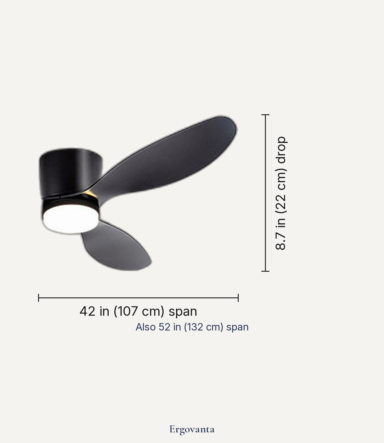 Ceiling fan dimensions, 42 inch blade span and 8.7 inch drop