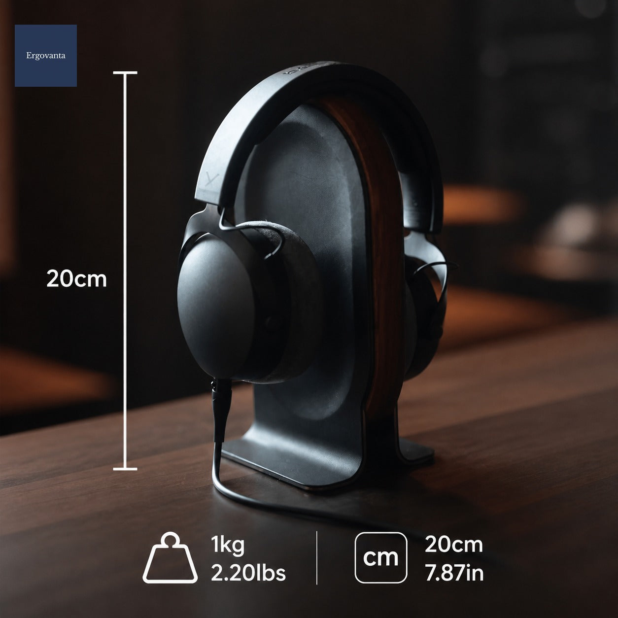 Solid Wood Headphone Stand - Executive Desk Organizer with Metal Base