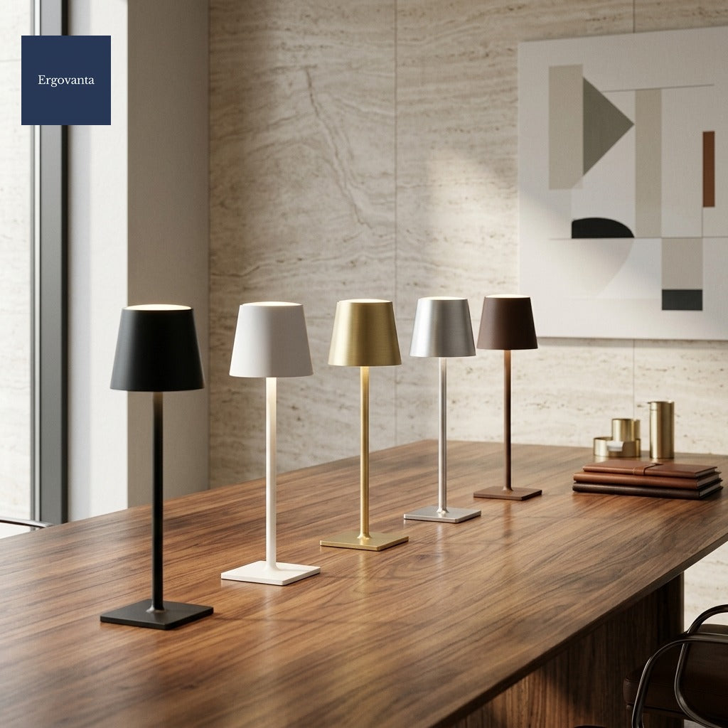 Tall Cordless Touch-Dim Lamp - all five finishes lined up on a walnut boardroom table