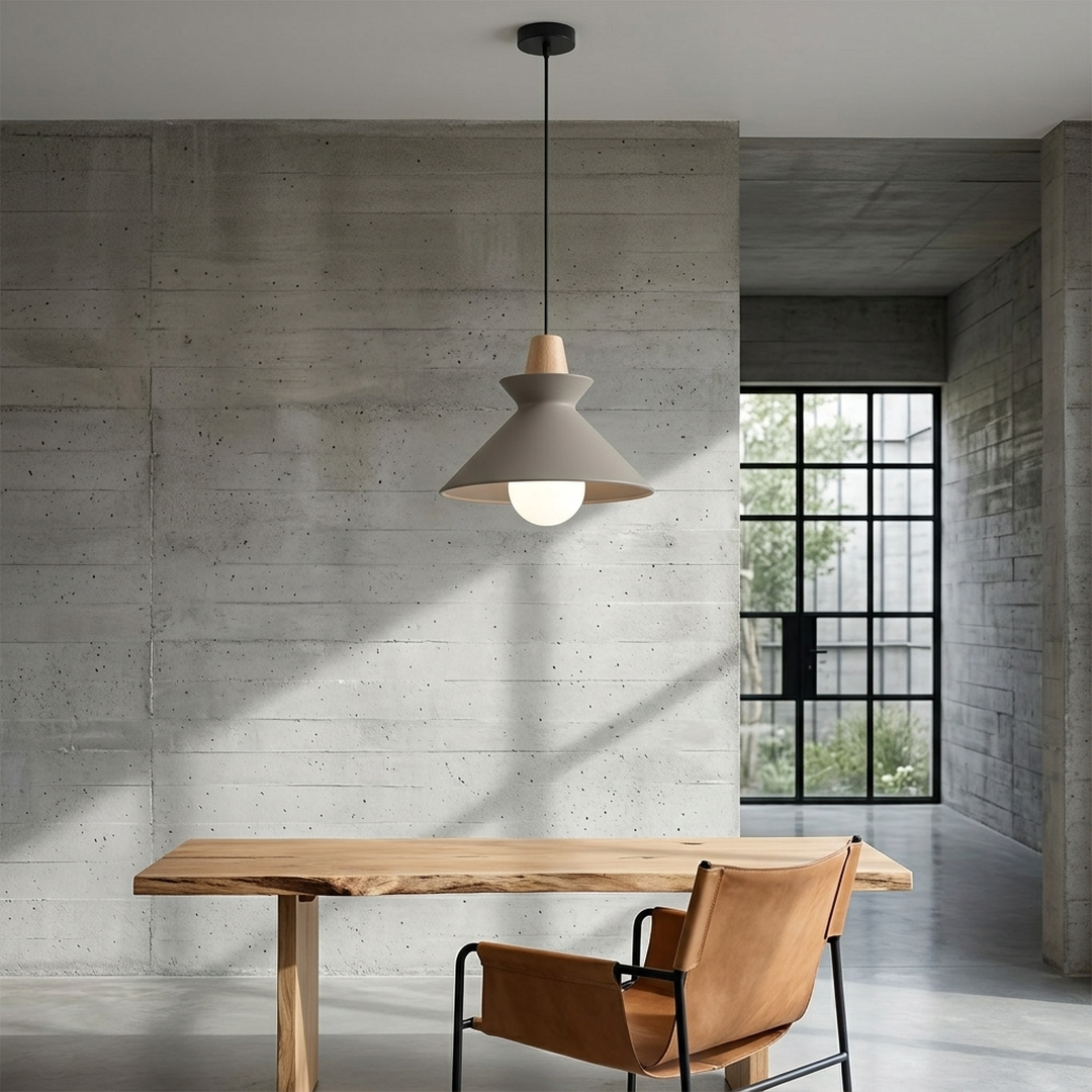 Compact Wood Pendant Light in matte Gray, in a concrete loft