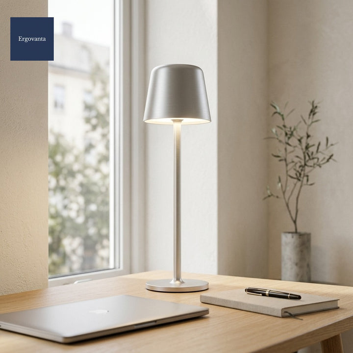 Tall Cordless Touch-Dim Lamp in Silver on a Scandinavian light-oak writing desk