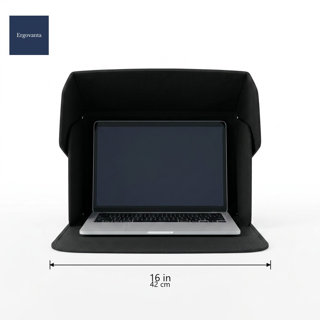 Foldable Privacy Laptop Sleeve - 16 in variant dimensions, white seamless studio, sleeve deployed with laptop nested inside
