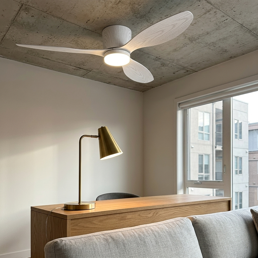 Low-Profile Flush-Mount Ceiling Fan in wood grain