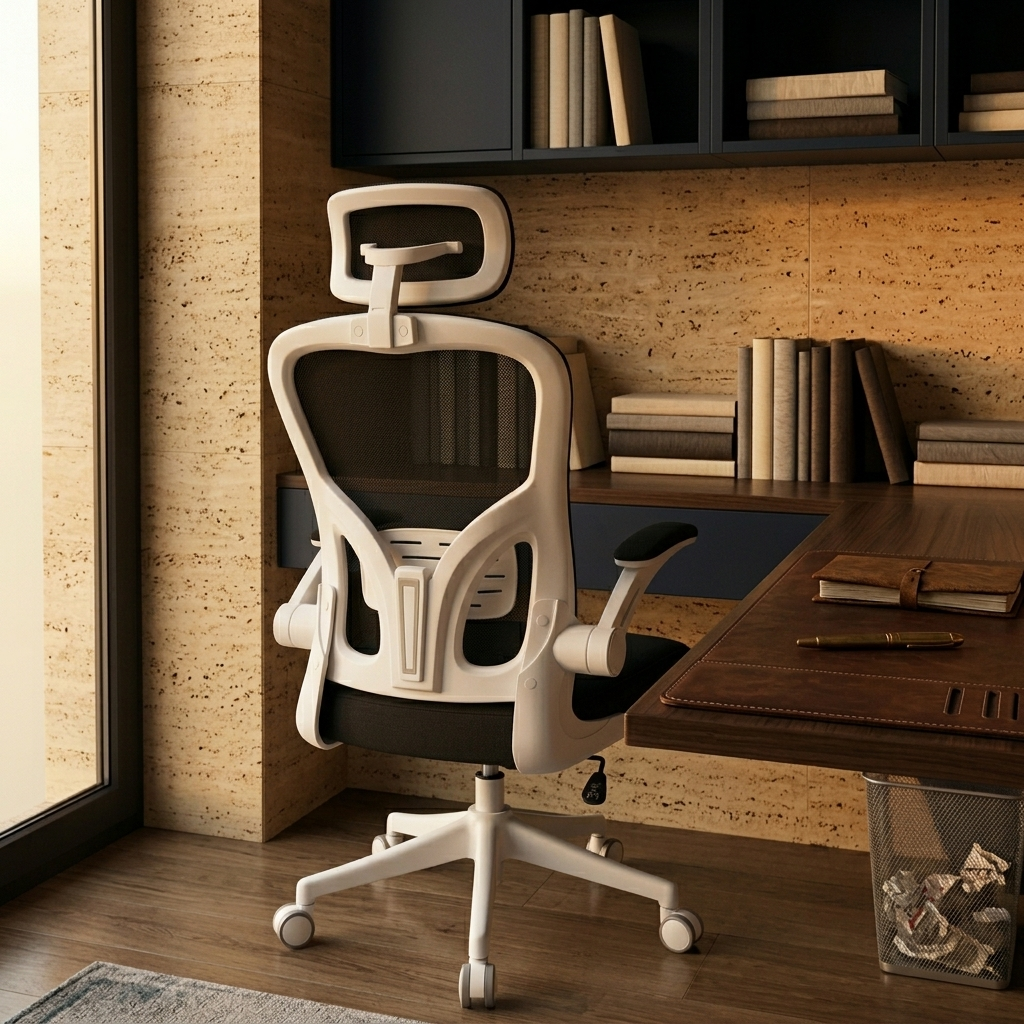 Black mesh ergonomic office chair in a private corporate office