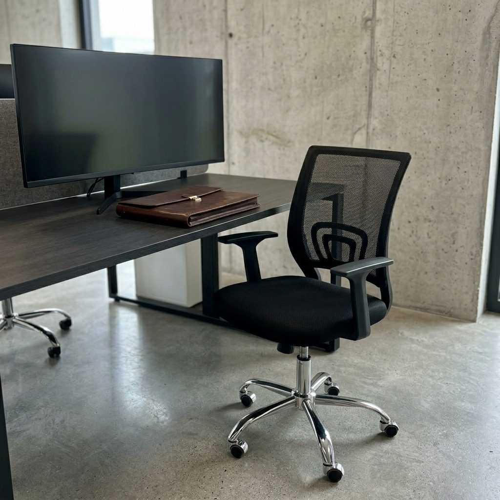 Black mesh task chair in a modern coworking pod