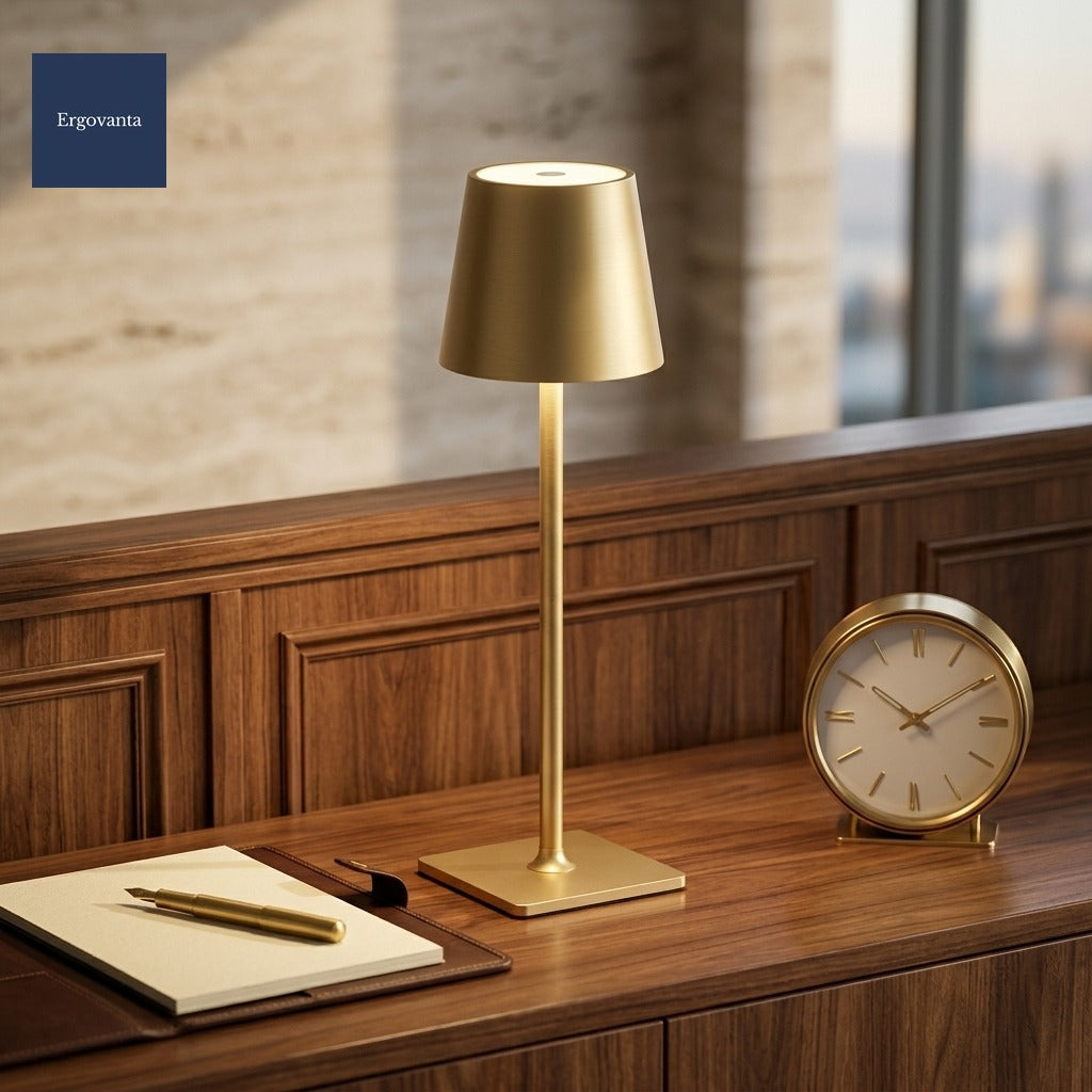 Tall Cordless Touch-Dim Lamp in Gold on a walnut executive credenza at golden hour