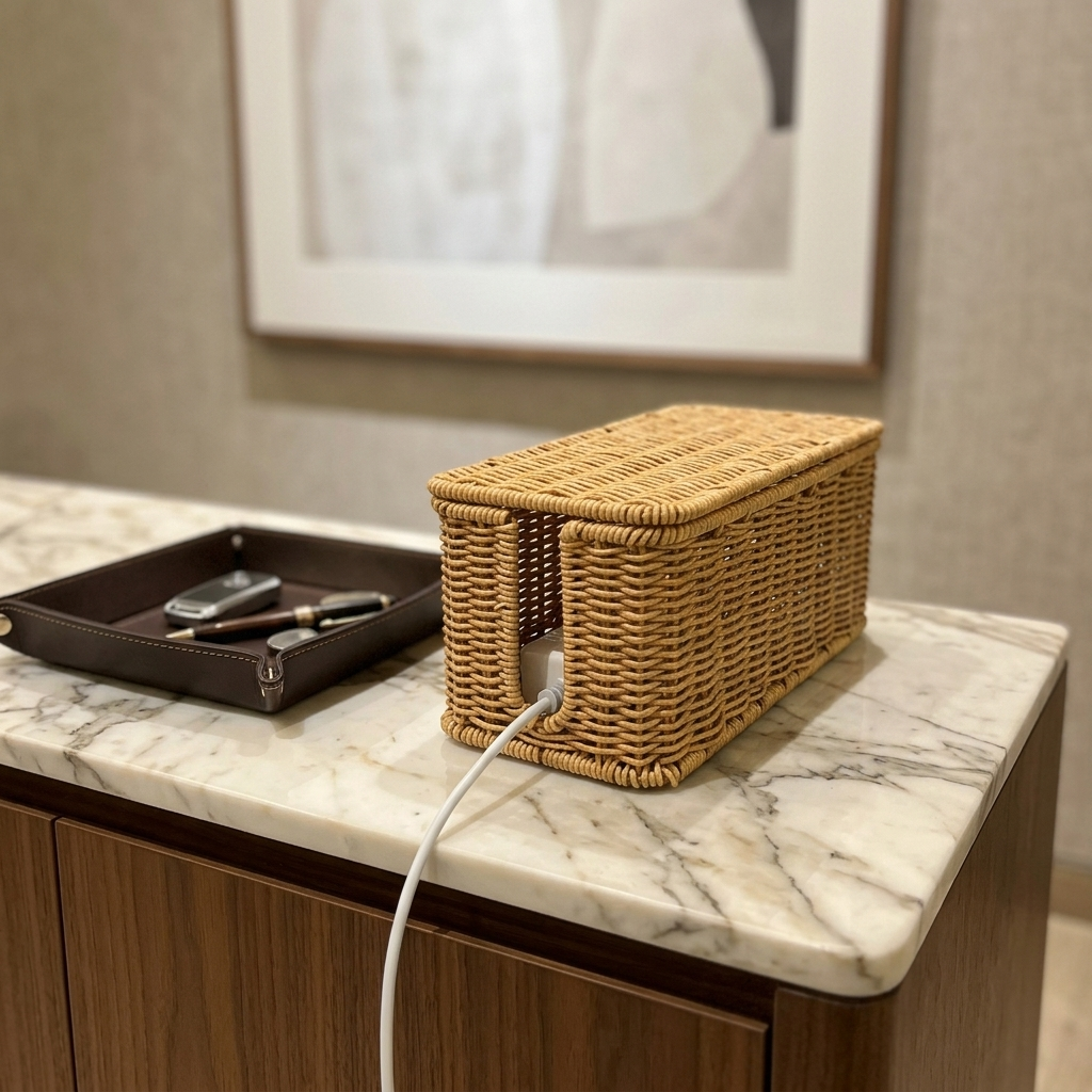 Round End woven rattan-look cable box in a workspace setting