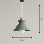 Compact Wood Pendant Light in matte Green, dimensions 8.7 by 13 inches