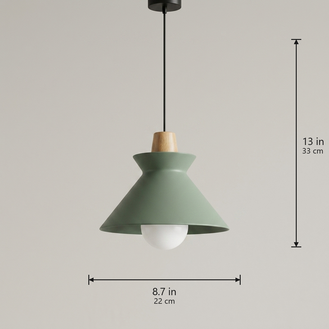Compact Wood Pendant Light in matte Green, dimensions 8.7 by 13 inches