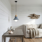 Compact Wood Pendant Light in speckled Stone Blue, in a coastal room