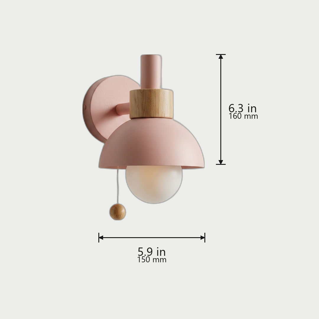 Nordic Wood Dome Wall Sconce dimensions in Pink - 6.3 in / 160 mm tall, 5.9 in / 150 mm wide, 7.9 in / 200 mm deep