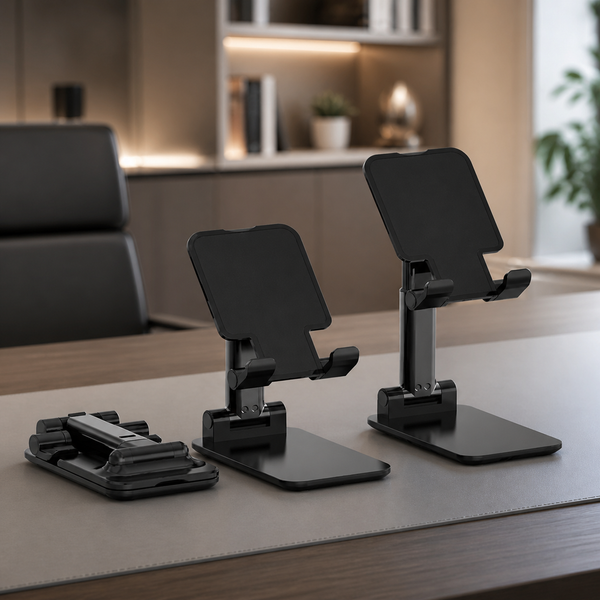 Foldable Adjustable Phone Stand, black in a workspace