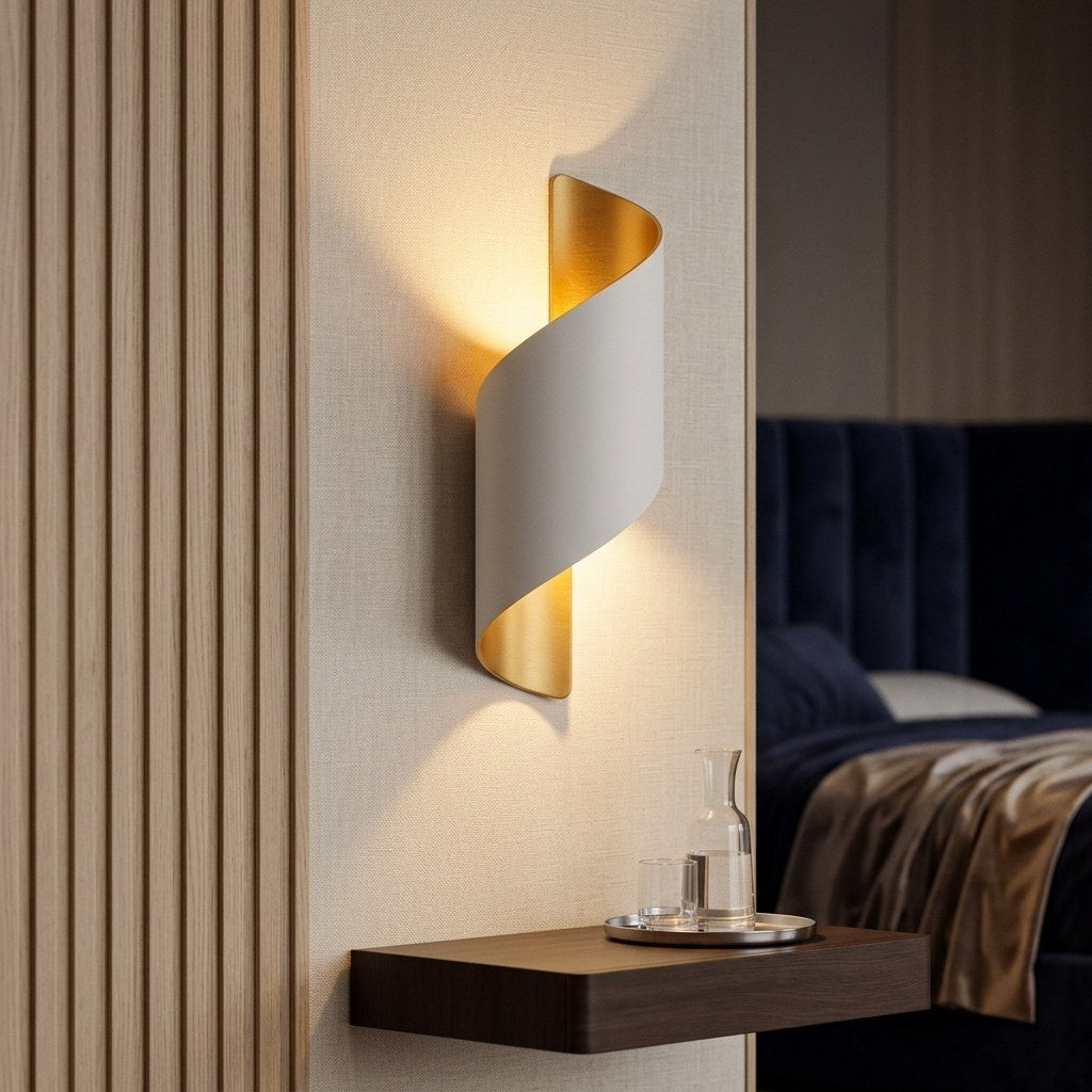 The Spiral Up-Down Wall Sconce in a hotel suite