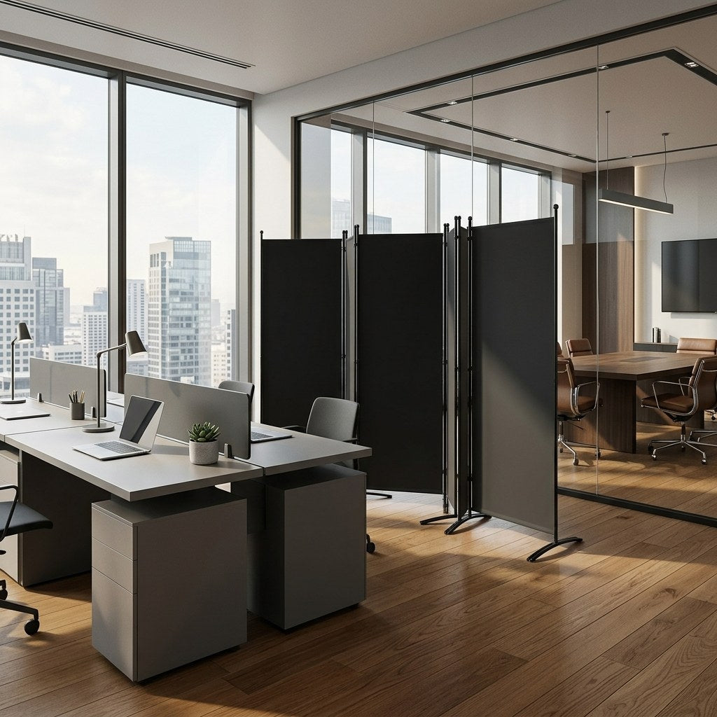 Iron office partition dividing a corporate office