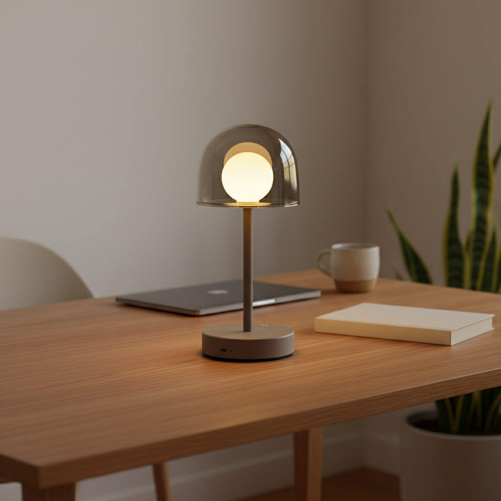 Enoki - Mini Mushroom Table Lamp, smoke in a workspace
