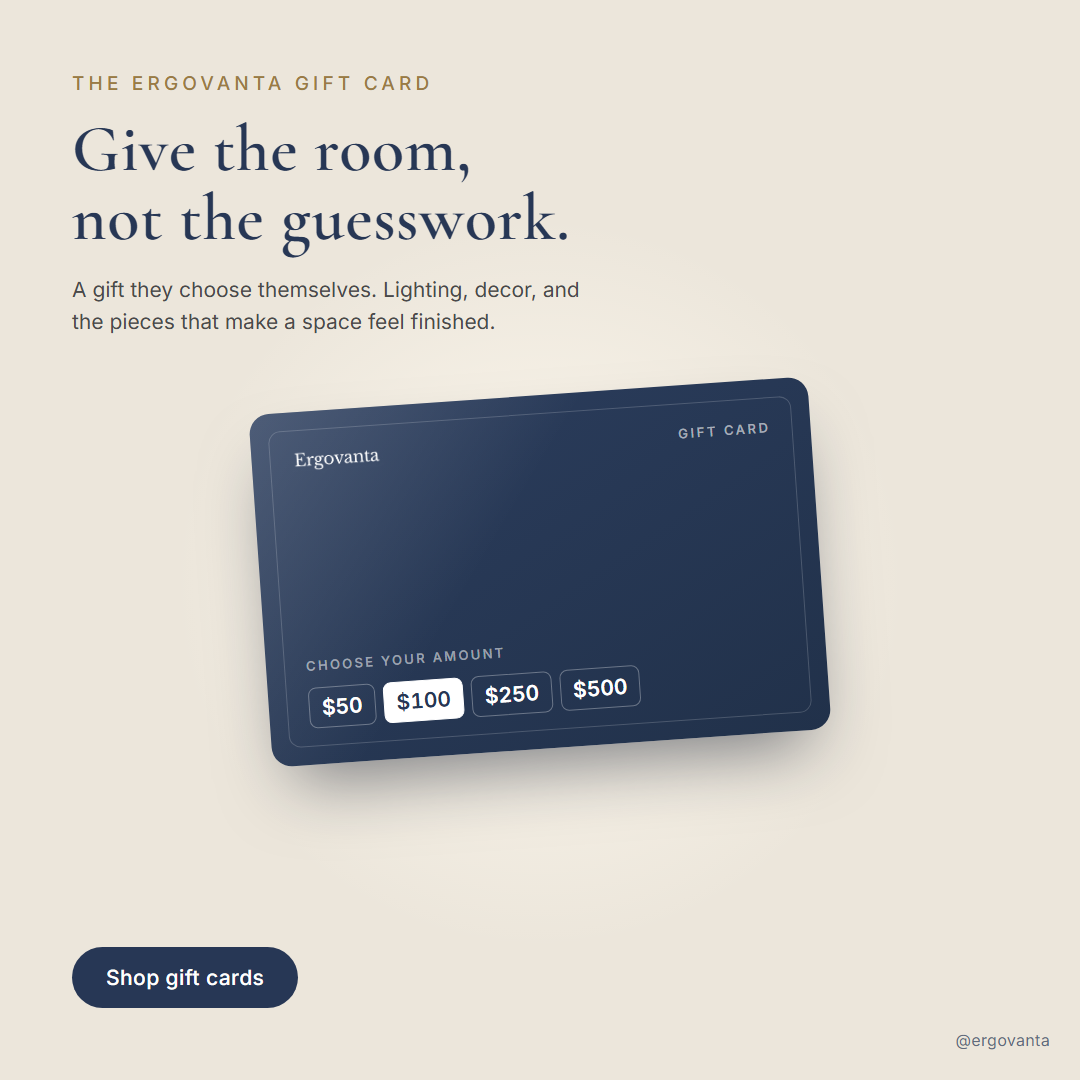 Ergovanta gift card on warm paper, choose your amount $50, $100, $250 or $500