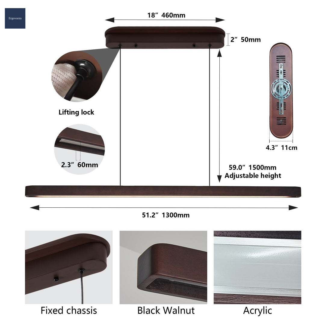 51-Inch Walnut LED Linear Pendant Light - Modern Ceiling Lighting