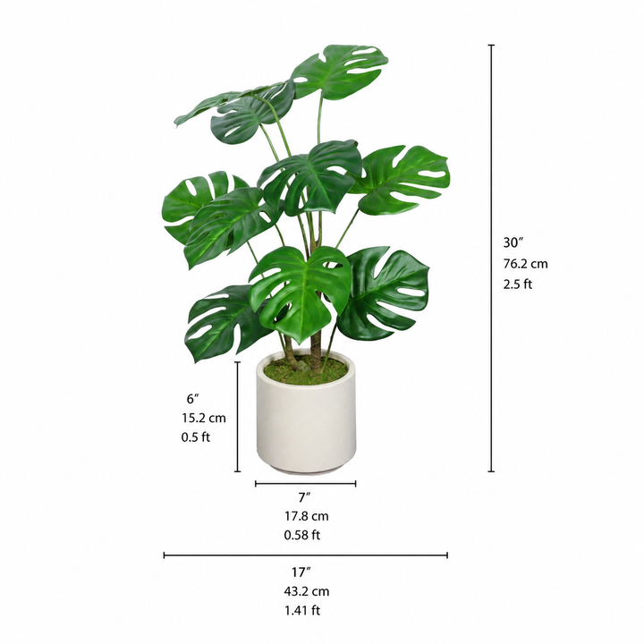 Artificial Monstera Plant Set (2 Piece) - Modern Desk &amp; Shelf Greenery with White Pots