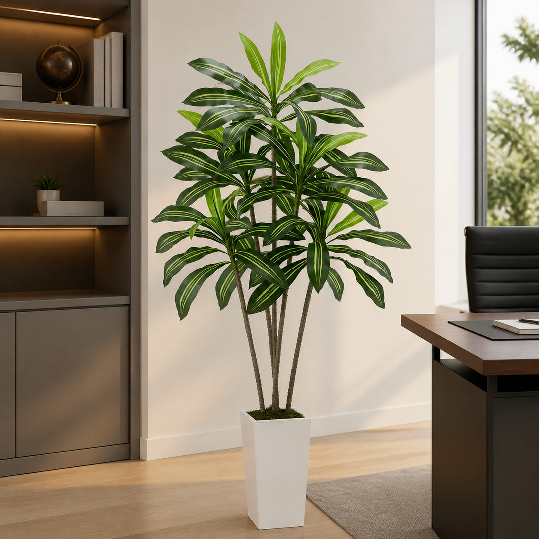 Artificial Dracaena Tree - Modern Floor Plant with White Planter