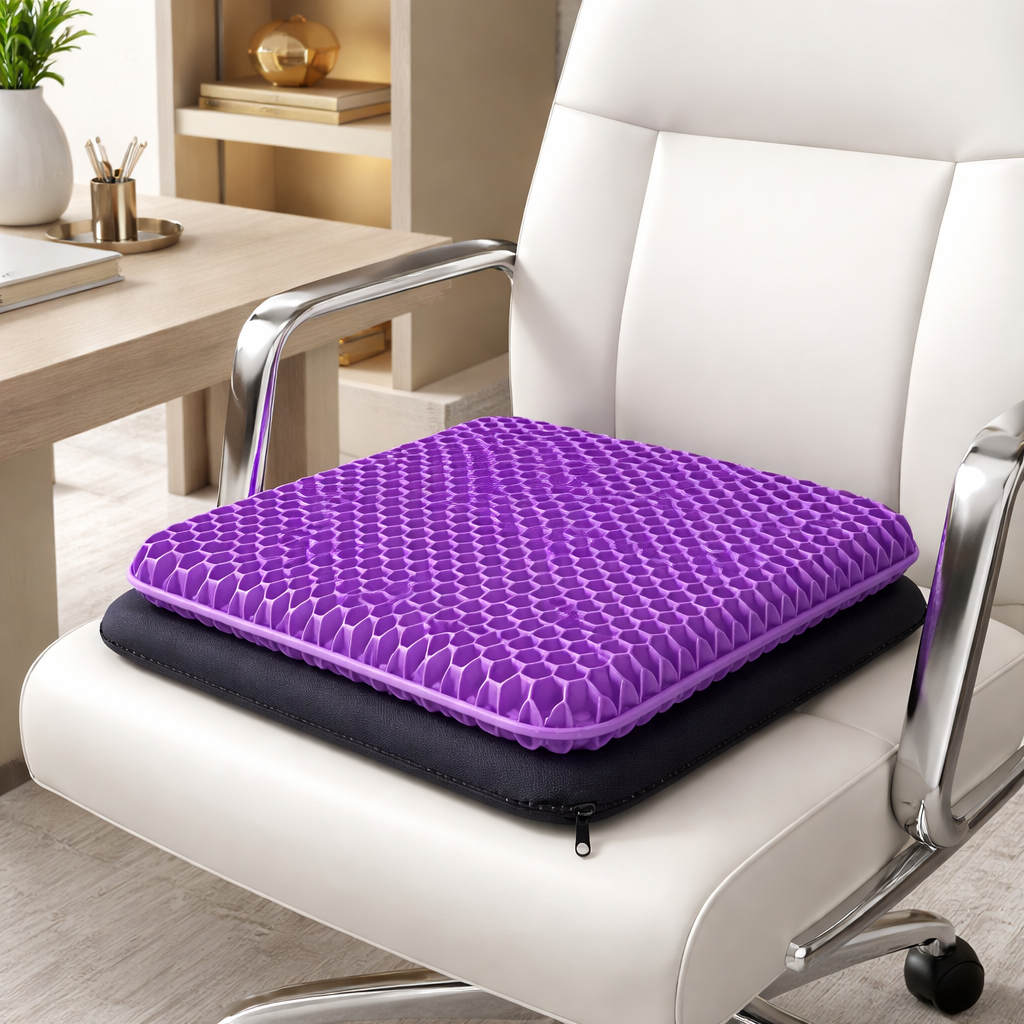 Gel Seat Cushion, purple in a workspace
