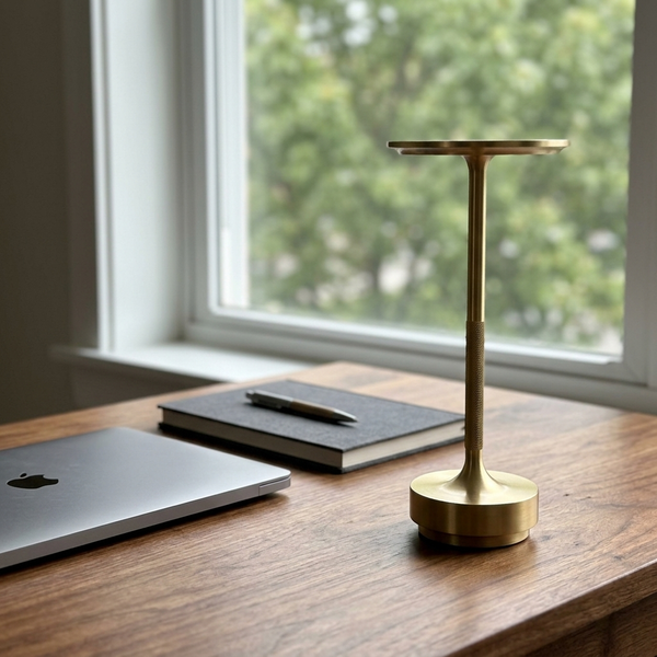 Halo Cordless Table Lamp, gold in a workspace