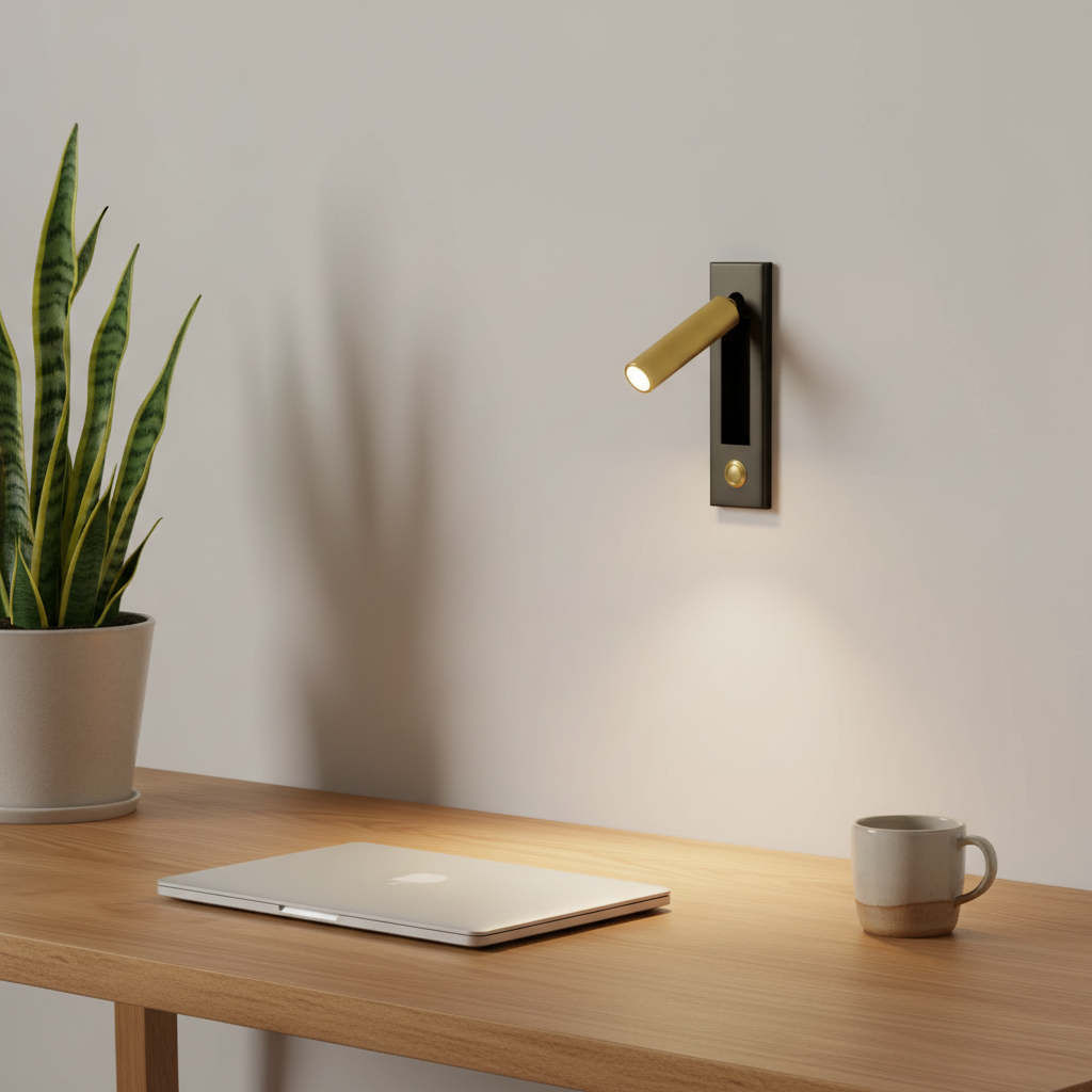 Lector - Rotating Reading Wall Lamp, black & gold in a workspace