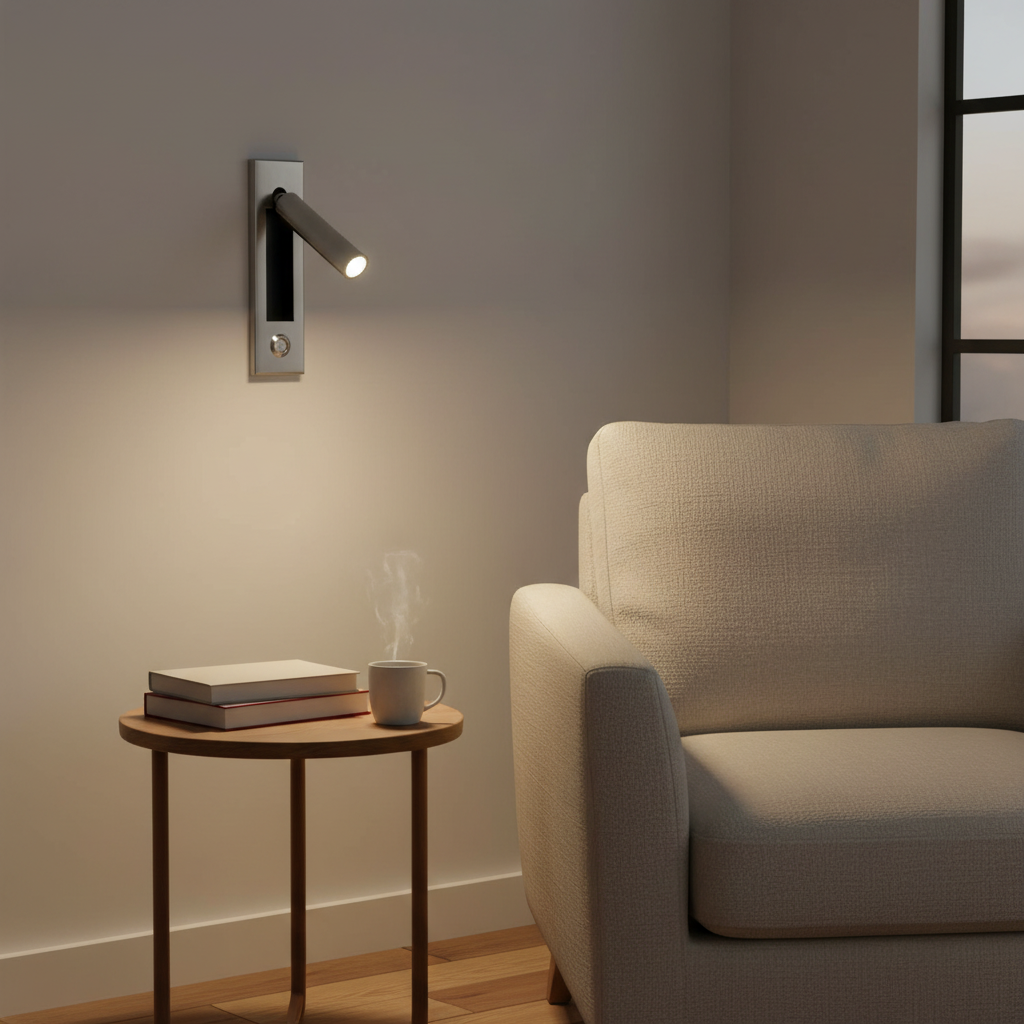 Lector - Rotating Reading Wall Lamp, sand nickel in a workspace