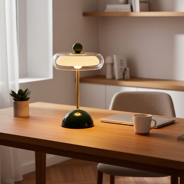 Loire - French Vintage Table Lamp, dark green in a workspace