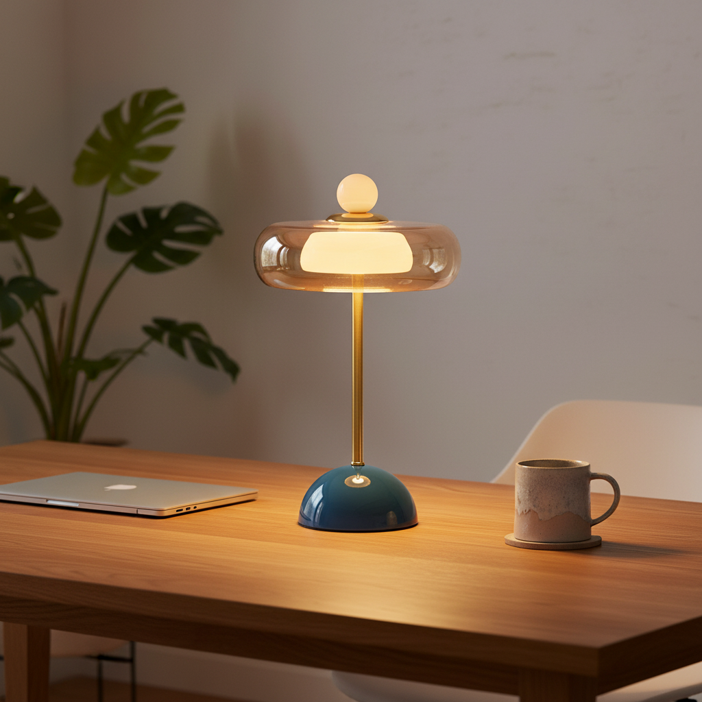 Loire - French Vintage Table Lamp, lake blue in a workspace