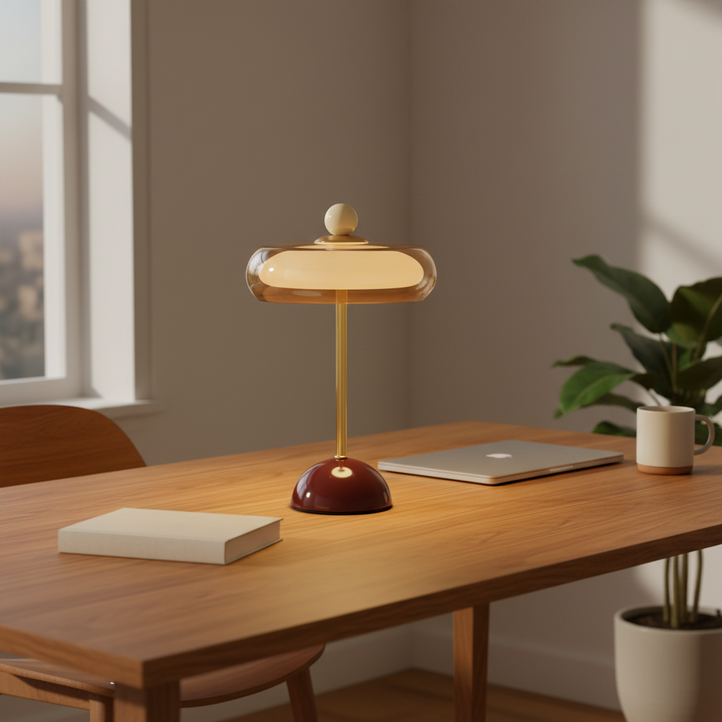 Loire - French Vintage Table Lamp, wine red in a workspace