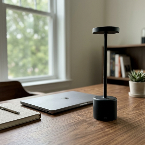 Rechargeable LED Table Lamp, black in a workspace