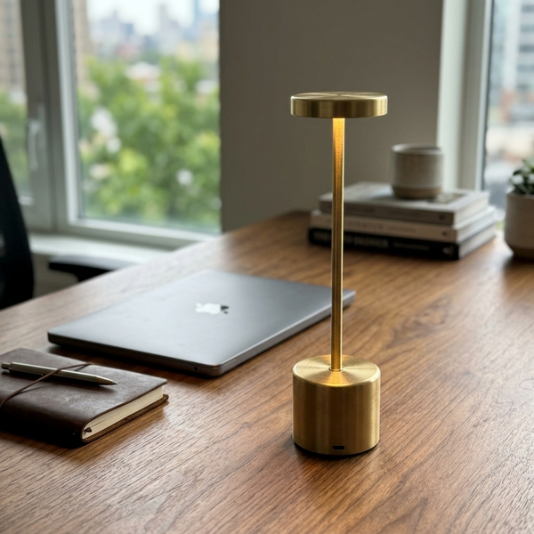 Rechargeable LED Table Lamp, gold in a workspace