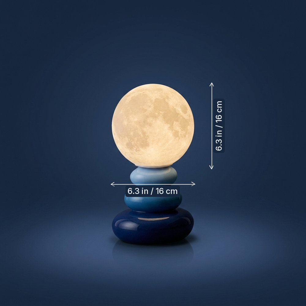 Lunar - Pebble Lamp - 3D-Printed Moon Orb on Stacked Ceramic Base dimension drawing