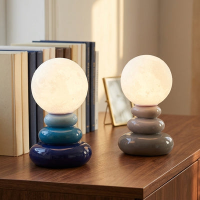 Lunar - Pebble Lamp - 3D-Printed Moon Orb on Stacked Ceramic Base