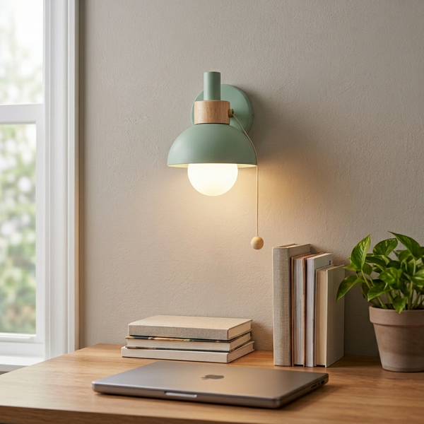 Macaron Green in a workspace, light on