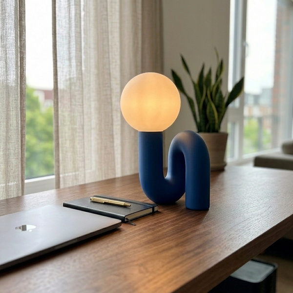 Memphis Blue in a workspace, light on