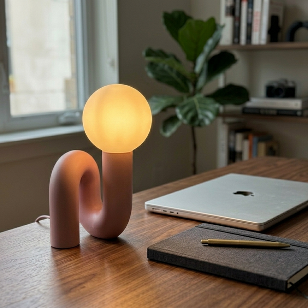 Memphis Pink in a workspace, light on