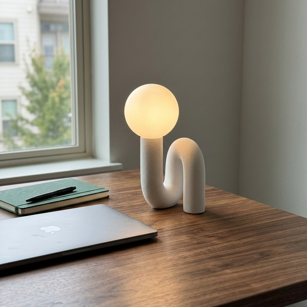 Postmodern Resin and Glass Desk Lamp, white in a workspace